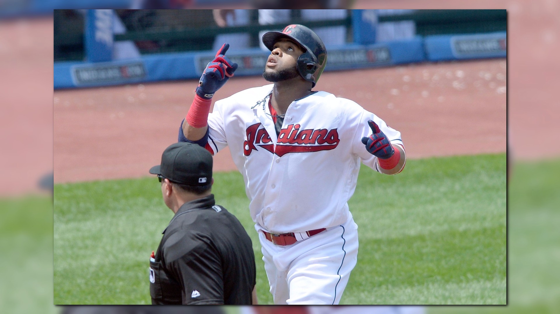 Cleveland Indians Carlos Santana hits a two-run homer off New York Yankees  starting pitcher Domingo German in the si…